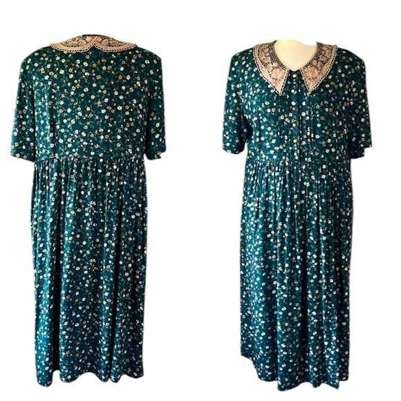 90s Vintage Midi Dress with Crochet Lace Collar Green Size M/L - Picture 11 of 12